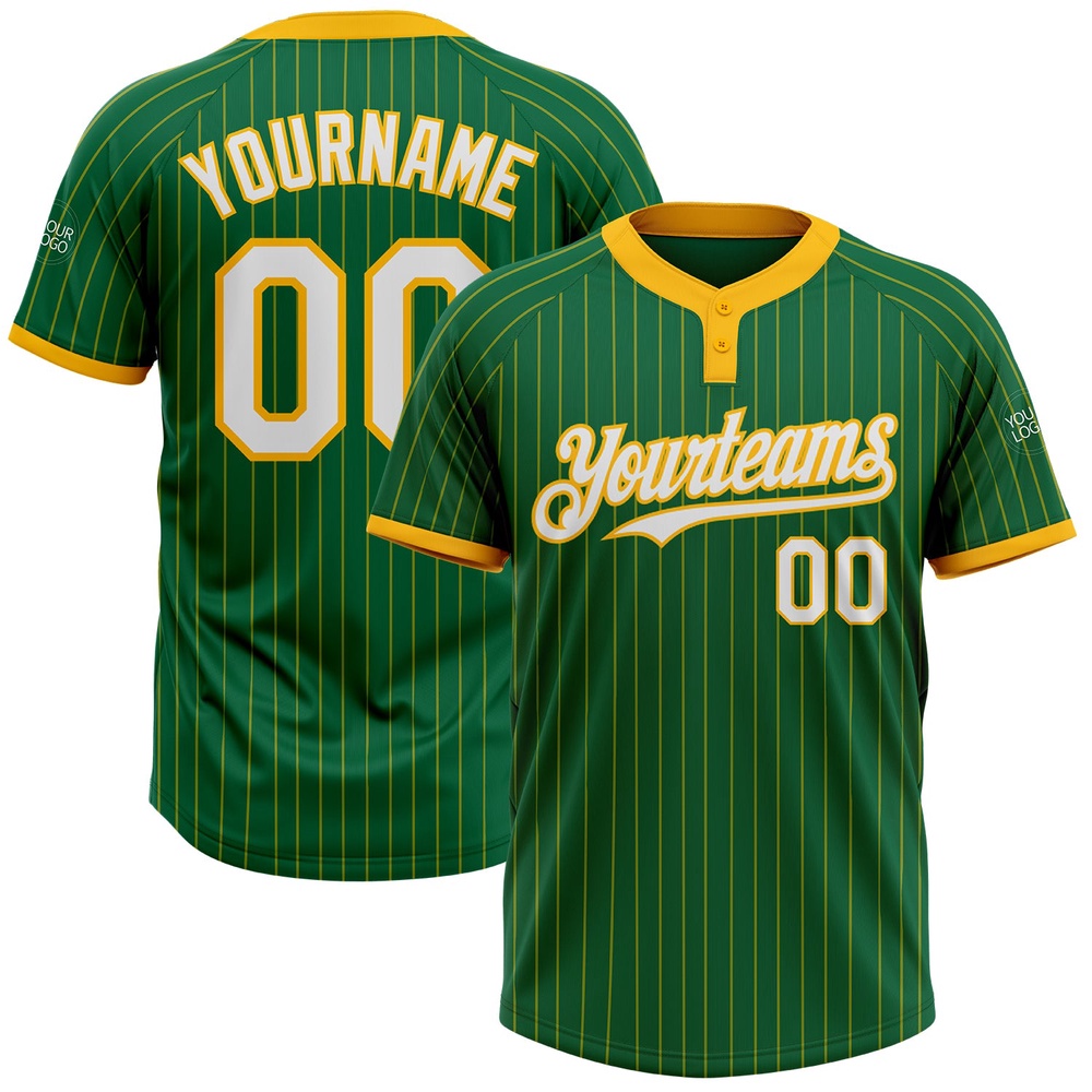 Kelly Green Gold Pinstripe White Two Button Unisex Softball Jersey, Custom Team Softball Jersey Kelly Green Gold Pinstripe White Two Button Unisex Softball Jersey, Custom Team Softball Jersey