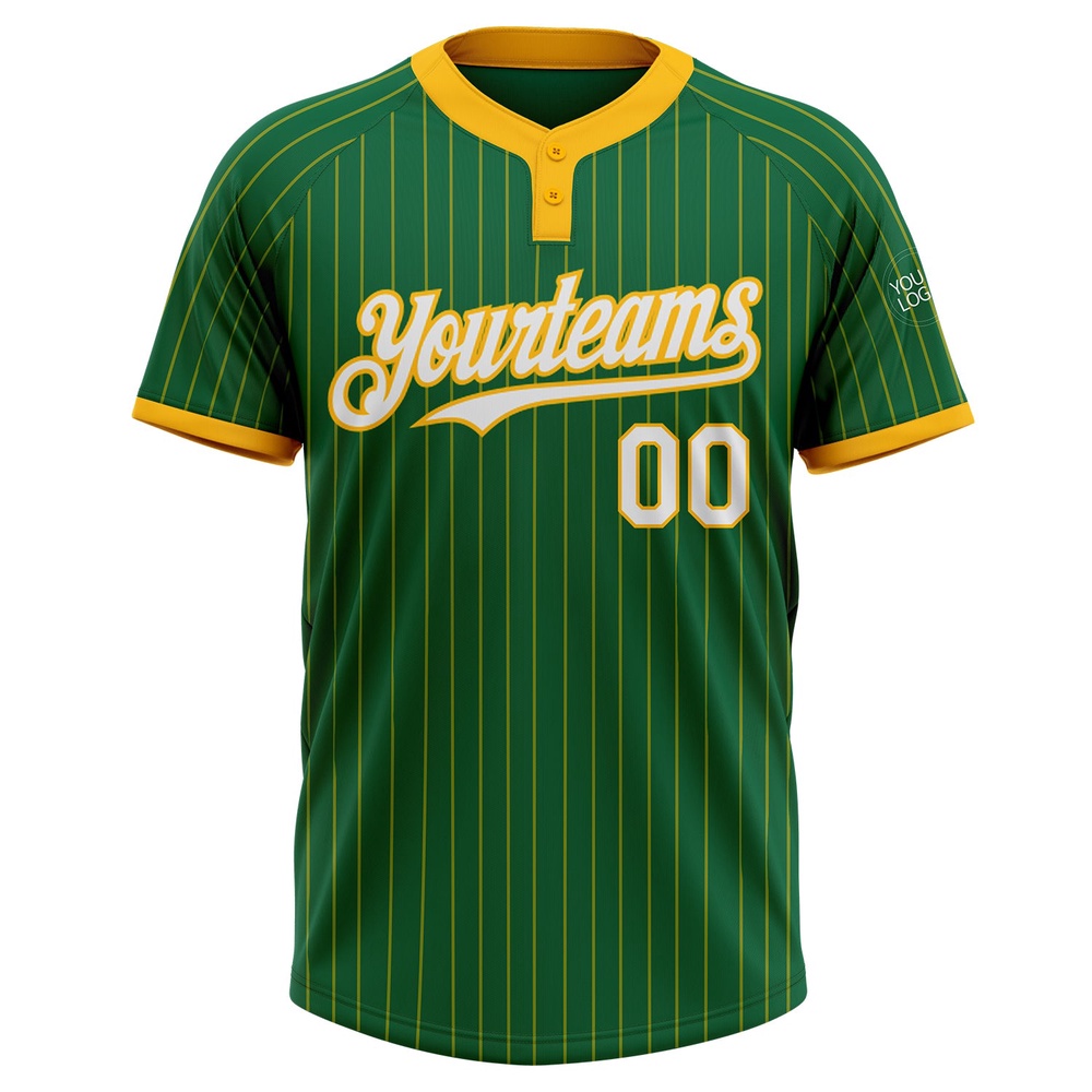 Kelly Green Gold Pinstripe White Two Button Unisex Softball Jersey, Custom Team Softball Jersey Kelly Green Gold Pinstripe White Two Button Unisex Softball Jersey, Custom Team Softball Jersey