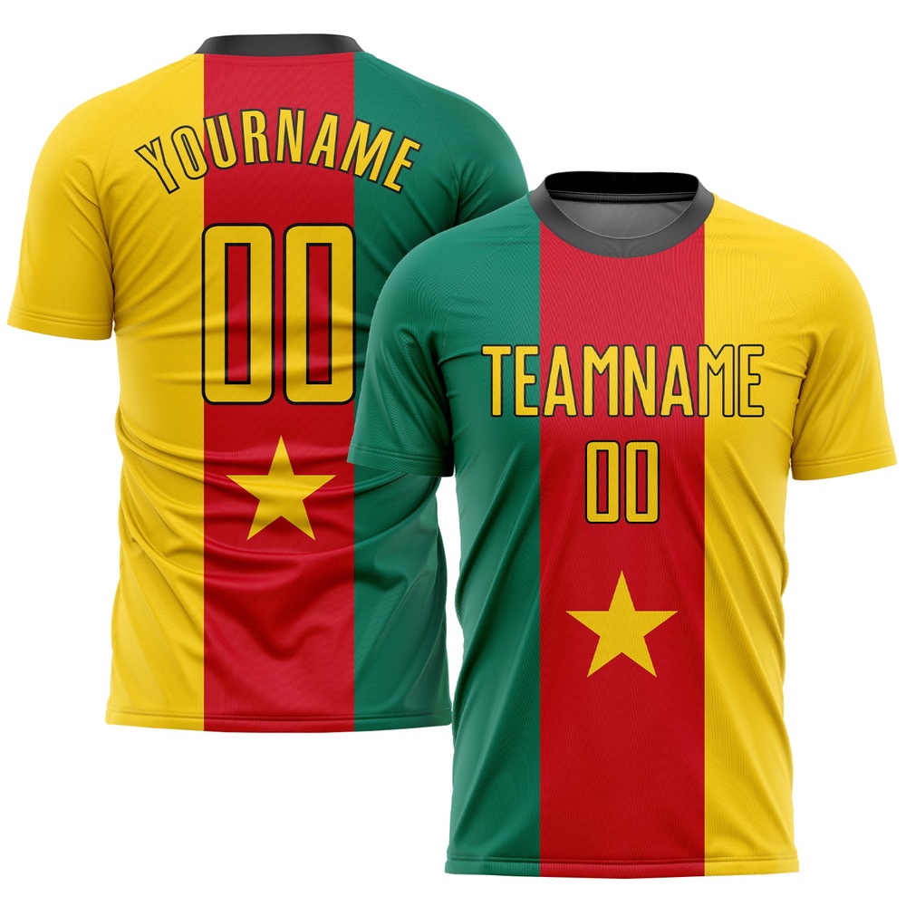 Kelly Green Gold Red Black Sublimation Cameroonian Flag Soccer Uniform Jersey, Custom Team Soccer Jersey Shirt Kelly Green Gold Red Black Sublimation Cameroonian Flag Soccer Uniform Jersey, Custom Team Soccer Jersey Shirt