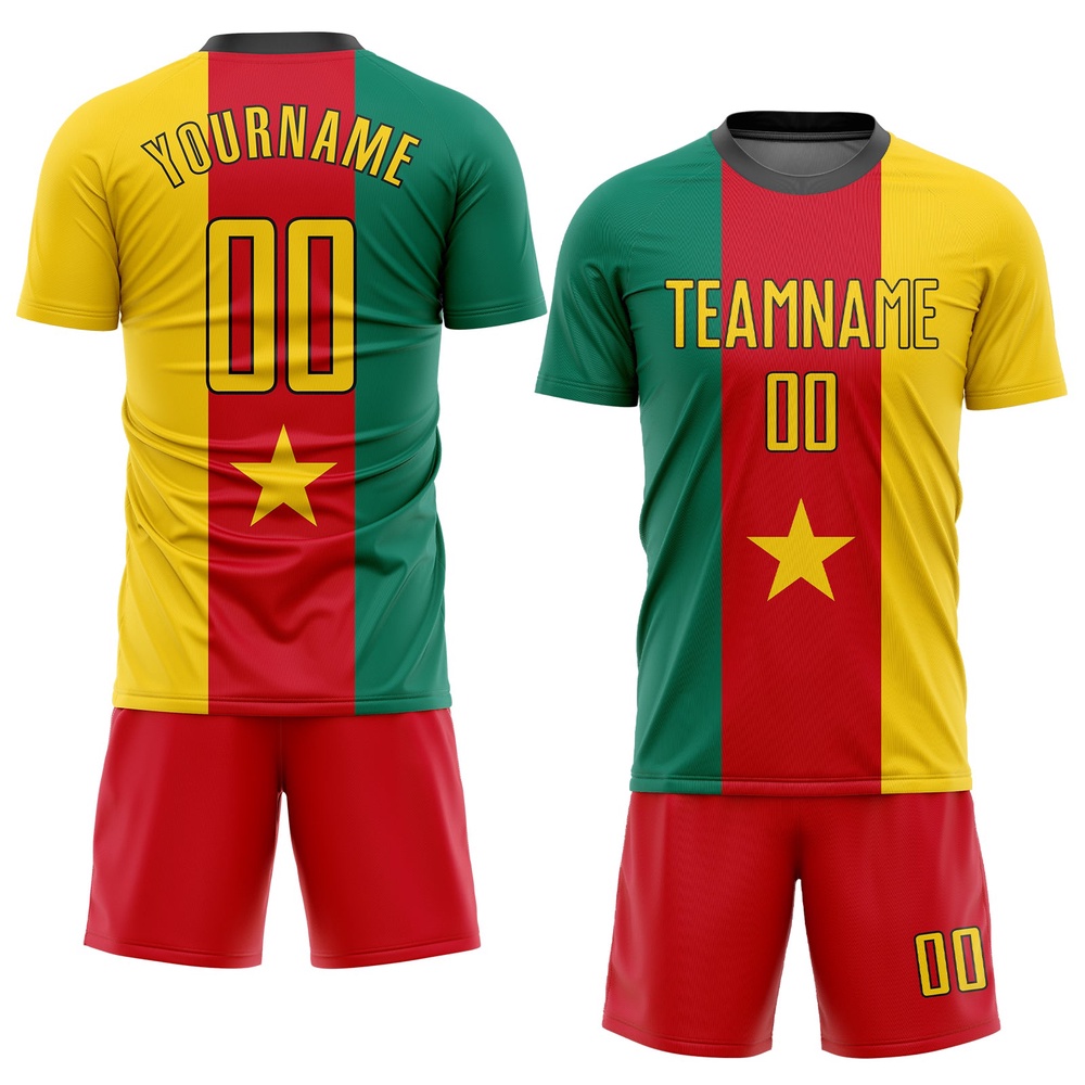 Kelly Green Gold Red Black Sublimation Cameroonian Flag Soccer Uniform Jersey, Custom Team Soccer Jersey Shirt Kelly Green Gold Red Black Sublimation Cameroonian Flag Soccer Uniform Jersey, Custom Team Soccer Jersey Shirt