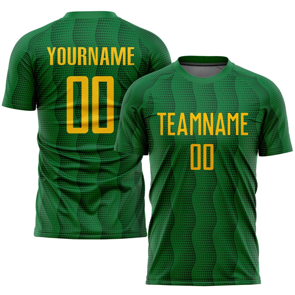 Kelly Green Gold Sublimation Soccer Uniform Jersey, Custom Team Soccer Jersey Shirt Kelly Green Gold Sublimation Soccer Uniform Jersey, Custom Team Soccer Jersey Shirt