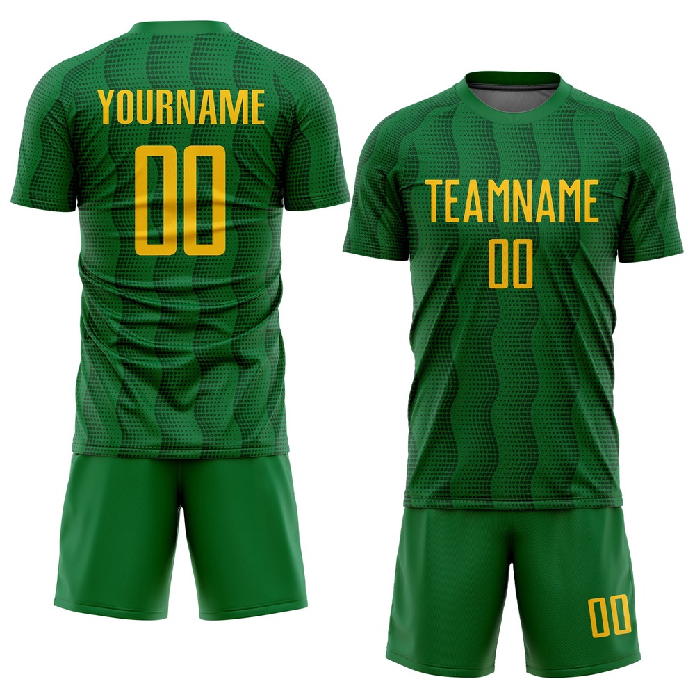 Kelly Green Gold Sublimation Soccer Uniform Jersey, Custom Team Soccer Jersey Shirt Kelly Green Gold Sublimation Soccer Uniform Jersey, Custom Team Soccer Jersey Shirt