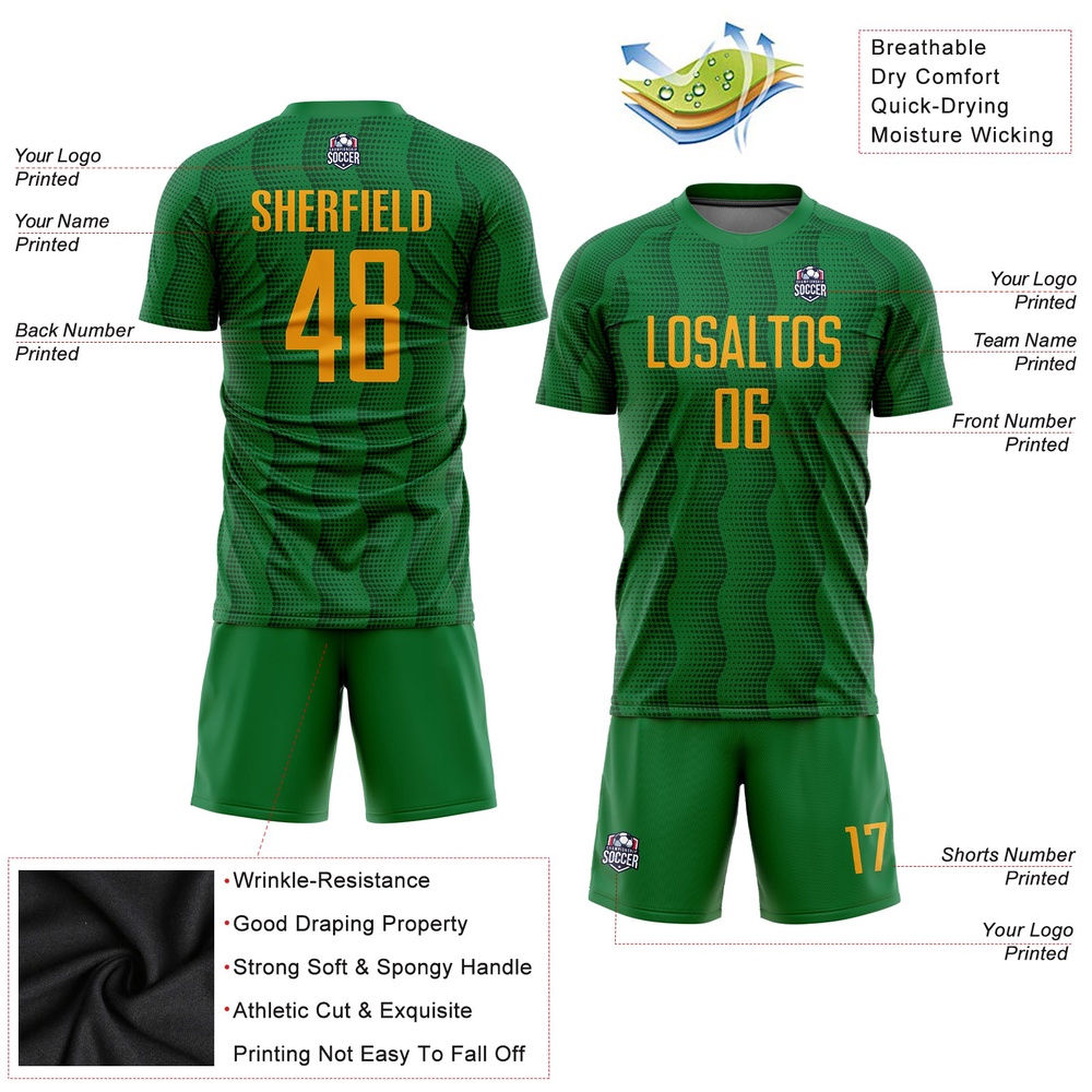Kelly Green Gold Sublimation Soccer Uniform Jersey, Custom Team Soccer Jersey Shirt Kelly Green Gold Sublimation Soccer Uniform Jersey, Custom Team Soccer Jersey Shirt