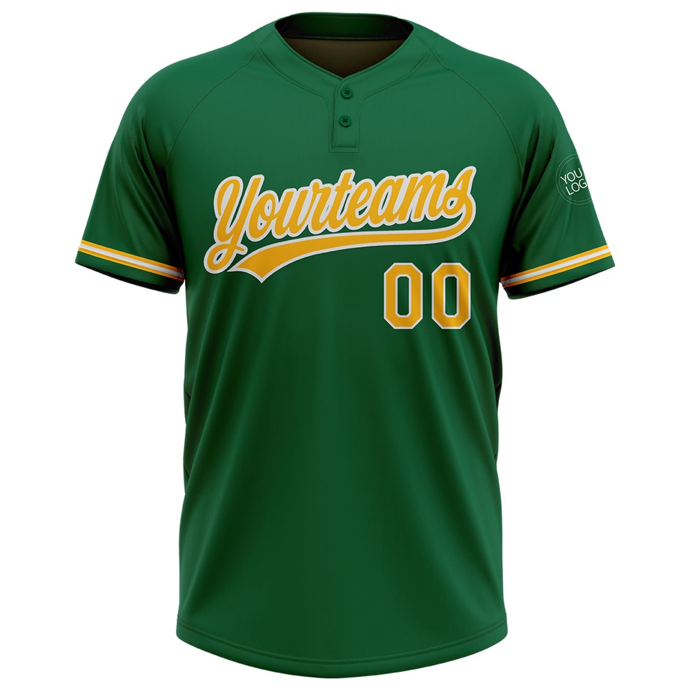 Kelly Green Gold White Two Button Unisex Softball Jersey, Custom Team Softball Jersey Kelly Green Gold White Two Button Unisex Softball Jersey, Custom Team Softball Jersey