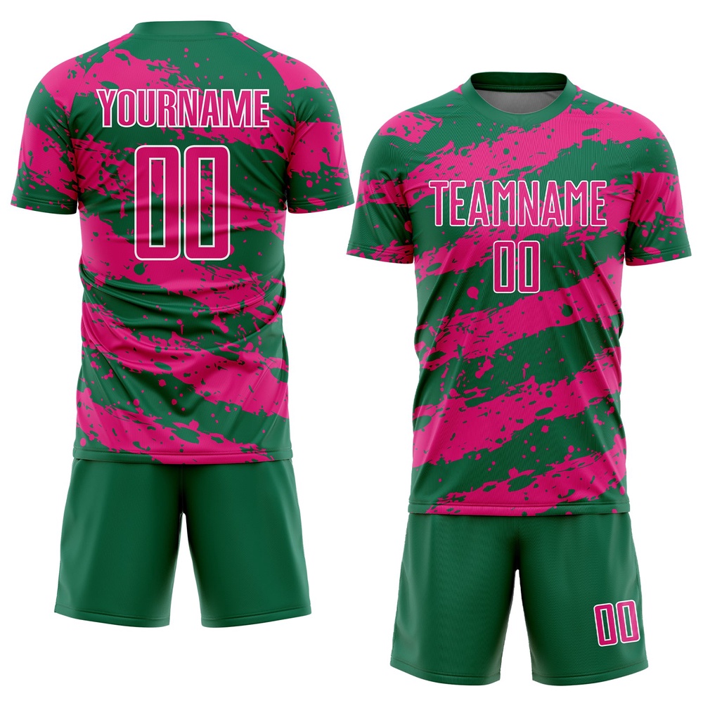 Kelly Green Hot Pink White Splash Sublimation Soccer Uniform Jersey, Custom Team Soccer Jersey Shirt