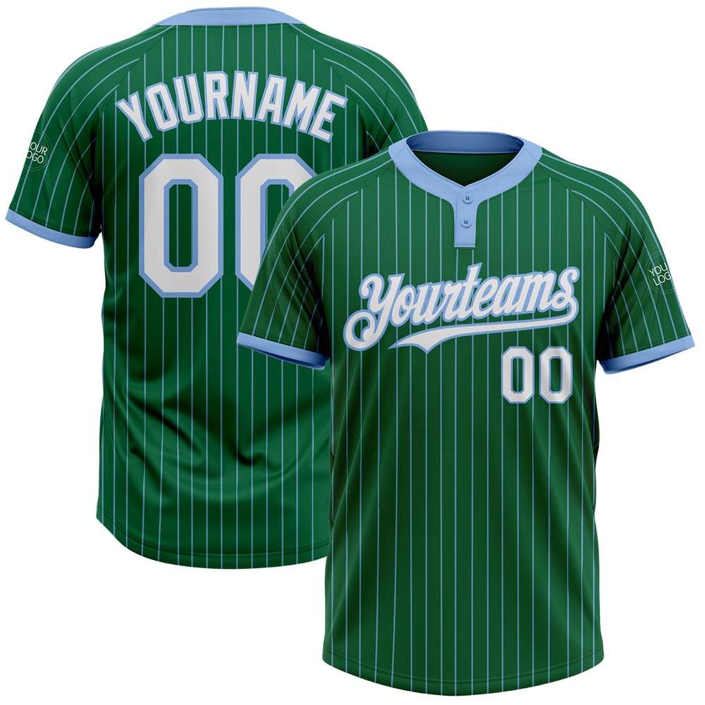 Kelly Green Light Blue Pinstripe White Two Button Unisex Softball Jersey, Custom Team Softball Jersey Kelly Green Light Blue Pinstripe White Two Button Unisex Softball Jersey, Custom Team Softball Jersey