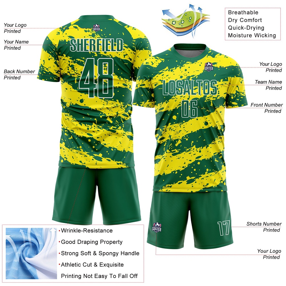 Kelly Green Light Yellow White Splash Sublimation Soccer Uniform Jersey, Custom Team Soccer Jersey Shirt Kelly Green Light Yellow White Splash Sublimation Soccer Uniform Jersey, Custom Team Soccer Jersey Shirt