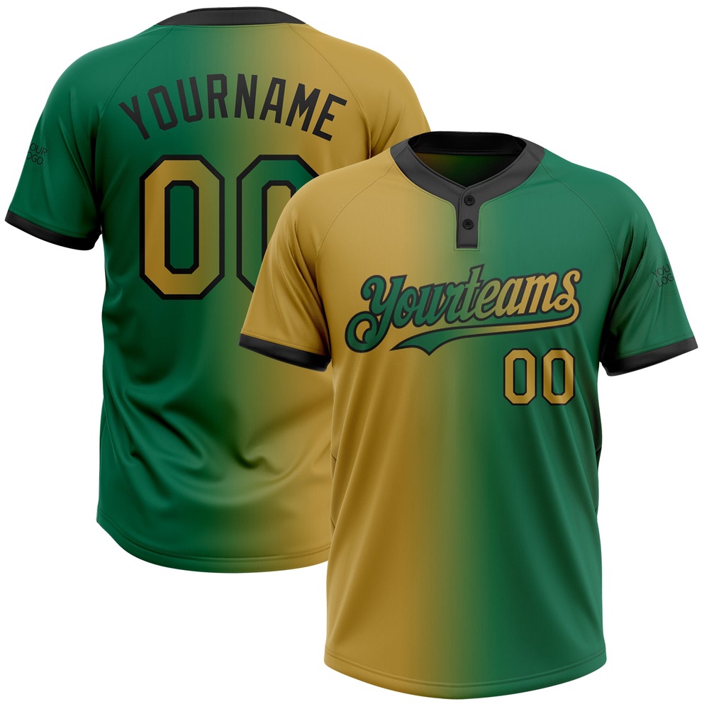 Kelly Green Old Gold Black Gradient Fashion Two Button Unisex Softball Jersey, Custom Team Softball Jersey Kelly Green Old Gold Black Gradient Fashion Two Button Unisex Softball Jersey, Custom Team Softball Jersey