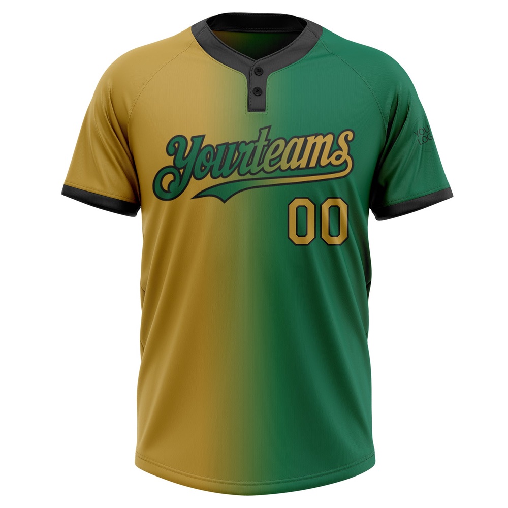 Kelly Green Old Gold Black Gradient Fashion Two Button Unisex Softball Jersey, Custom Team Softball Jersey Kelly Green Old Gold Black Gradient Fashion Two Button Unisex Softball Jersey, Custom Team Softball Jersey