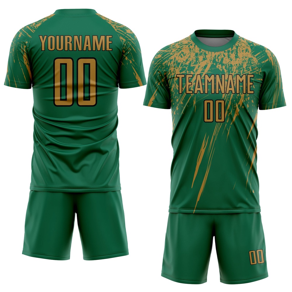 Kelly Green Old Gold Black Sublimation Soccer Uniform Jersey, Custom Team Soccer Jersey Shirt