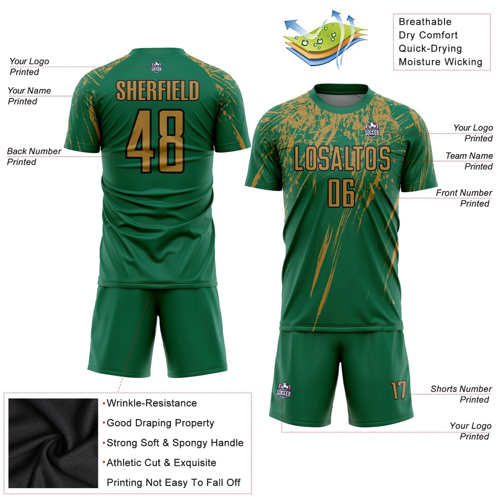 Kelly Green Old Gold Black Sublimation Soccer Uniform Jersey, Custom Team Soccer Jersey Shirt
