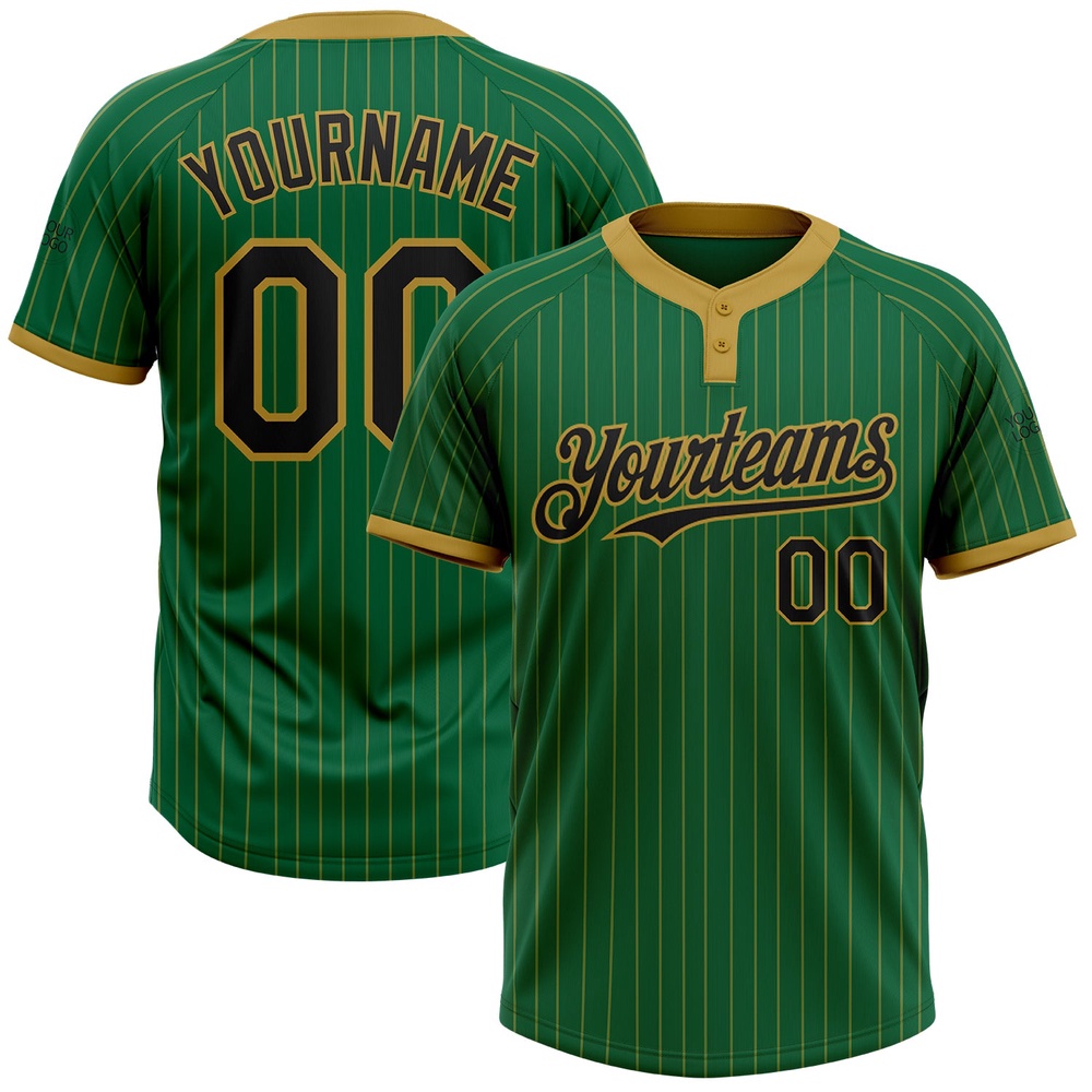 Kelly Green Old Gold Pinstripe Black Two Button Unisex Softball Jersey, Custom Team Softball Jersey Kelly Green Old Gold Pinstripe Black Two Button Unisex Softball Jersey, Custom Team Softball Jersey