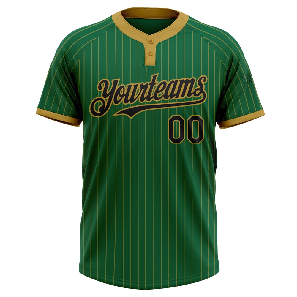 Kelly Green Old Gold Pinstripe Black Two Button Unisex Softball Jersey, Custom Team Softball Jersey Kelly Green Old Gold Pinstripe Black Two Button Unisex Softball Jersey, Custom Team Softball Jersey