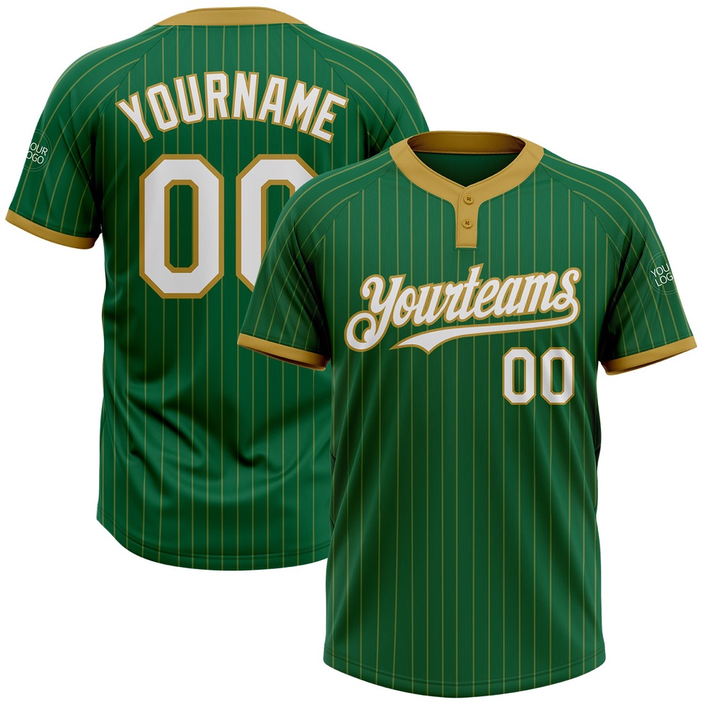 Kelly Green Old Gold Pinstripe White Two Button Unisex Softball Jersey, Custom Team Softball Jersey