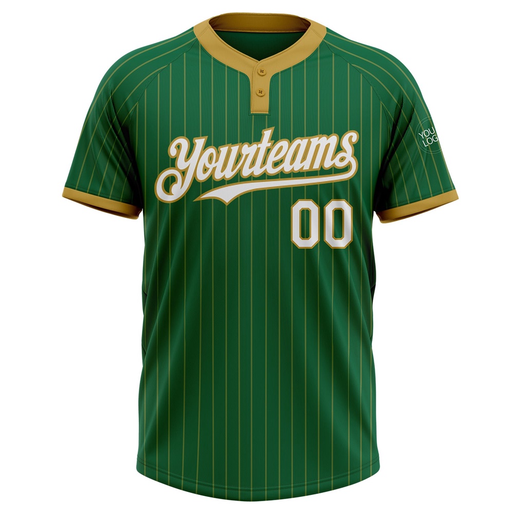 Kelly Green Old Gold Pinstripe White Two Button Unisex Softball Jersey, Custom Team Softball Jersey