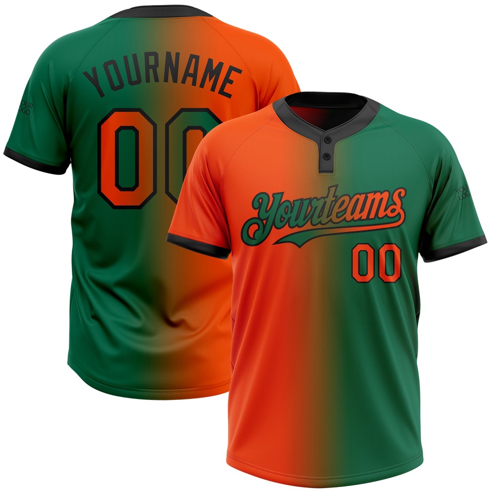 Kelly Green Orange Black Gradient Fashion Two Button Unisex Softball Jersey, Custom Team Softball Jersey Kelly Green Orange Black Gradient Fashion Two Button Unisex Softball Jersey, Custom Team Softball Jersey