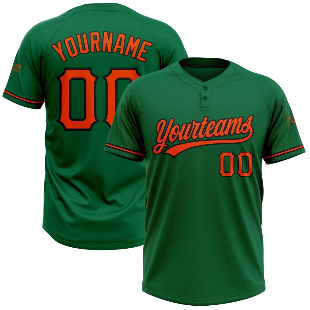 Kelly Green Orange Black Two Button Unisex Softball Jersey, Custom Team Softball Jersey
