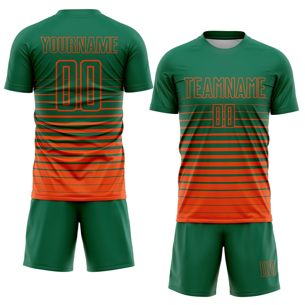 Kelly Green Orange Pinstripe Fade Fashion Sublimation Soccer Uniform Jersey, Custom Team Soccer Jersey Shirt