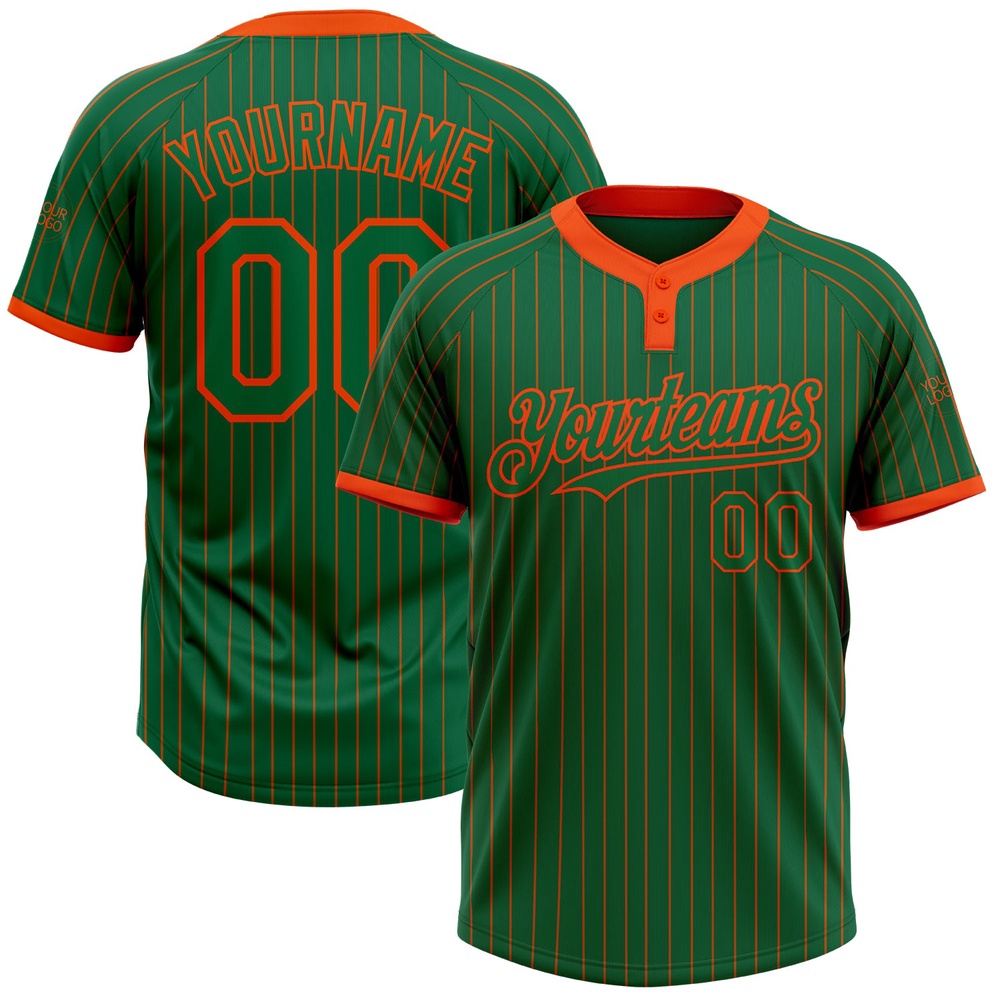 Kelly Green Orange Pinstripe Orange Two Button Unisex Softball Jersey, Custom Team Softball Jersey Kelly Green Orange Pinstripe Orange Two Button Unisex Softball Jersey, Custom Team Softball Jersey