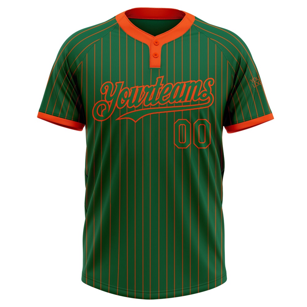 Kelly Green Orange Pinstripe Orange Two Button Unisex Softball Jersey, Custom Team Softball Jersey Kelly Green Orange Pinstripe Orange Two Button Unisex Softball Jersey, Custom Team Softball Jersey