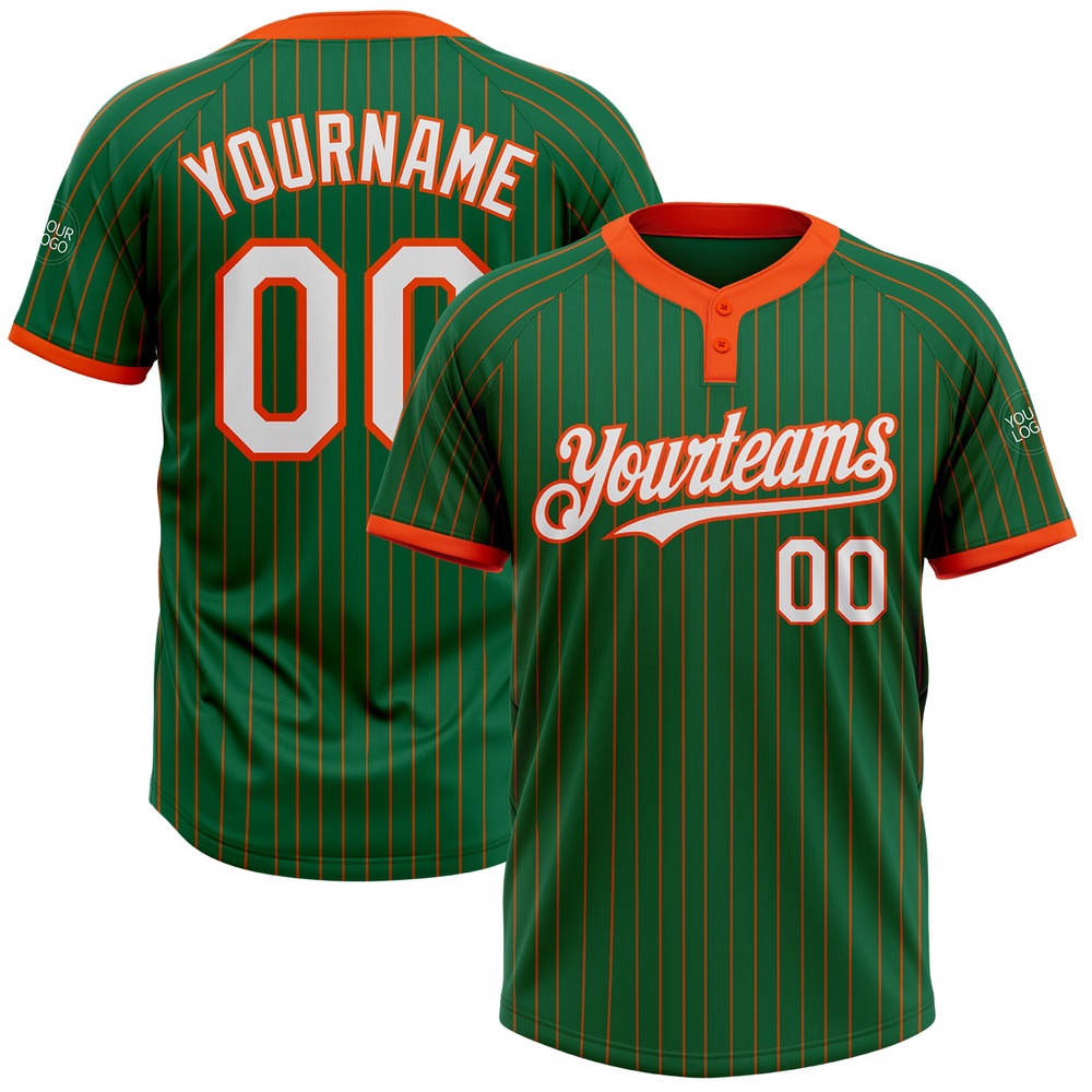 Kelly Green Orange Pinstripe White Two Button Unisex Softball Jersey, Custom Team Softball Jersey