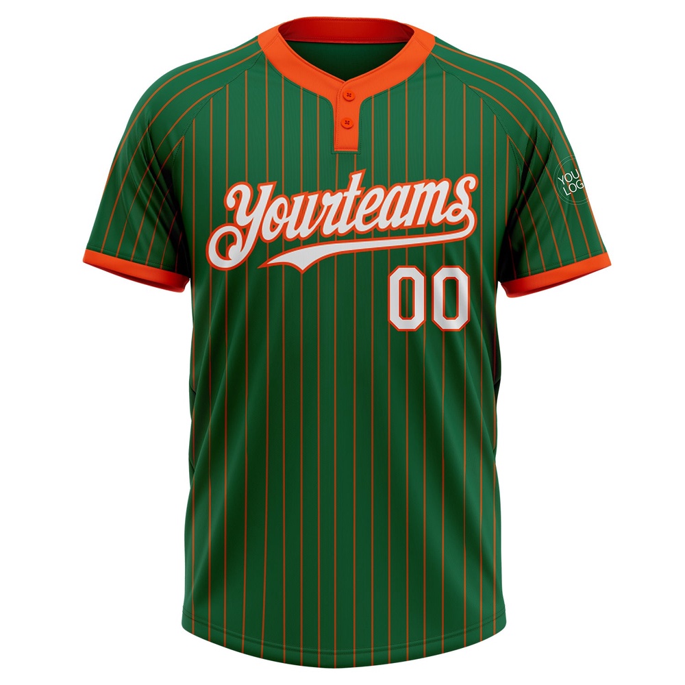 Kelly Green Orange Pinstripe White Two Button Unisex Softball Jersey, Custom Team Softball Jersey