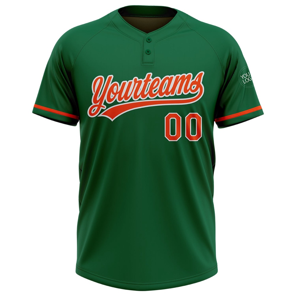 Kelly Green Orange White Two Button Unisex Softball Jersey, Custom Team Softball Jersey