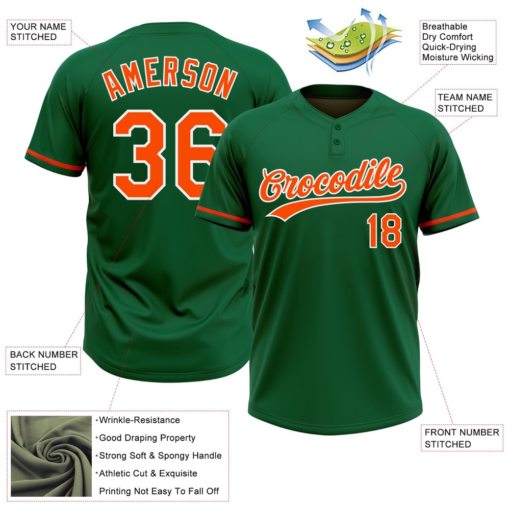 Kelly Green Orange White Two Button Unisex Softball Jersey, Custom Team Softball Jersey