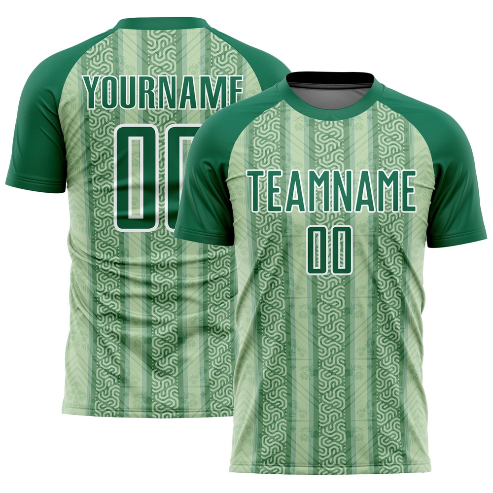 Kelly Green Pea Green White Ethnic Stripes Sublimation Soccer Uniform Jersey, Custom Team Soccer Jersey Shirt