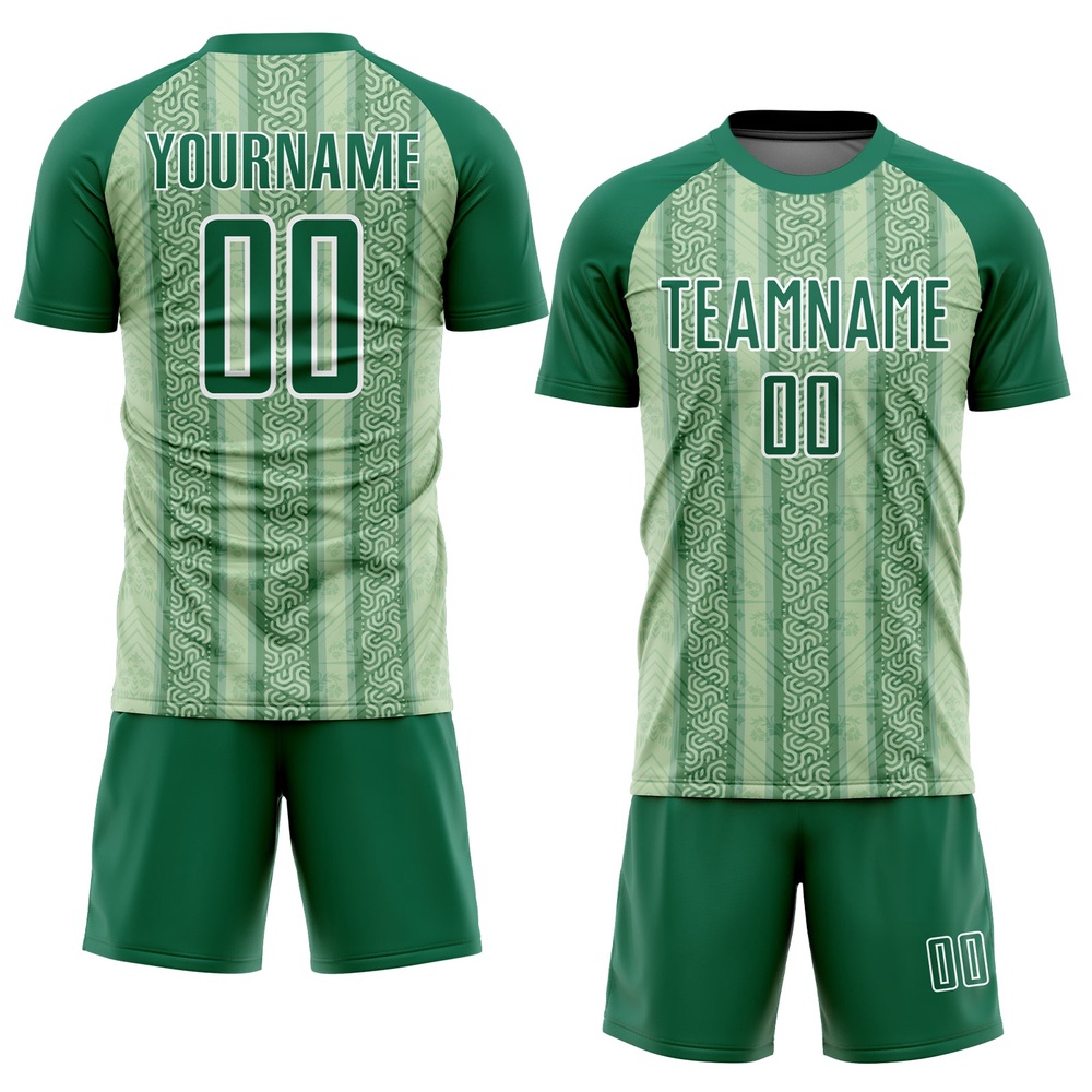 Kelly Green Pea Green White Ethnic Stripes Sublimation Soccer Uniform Jersey, Custom Team Soccer Jersey Shirt