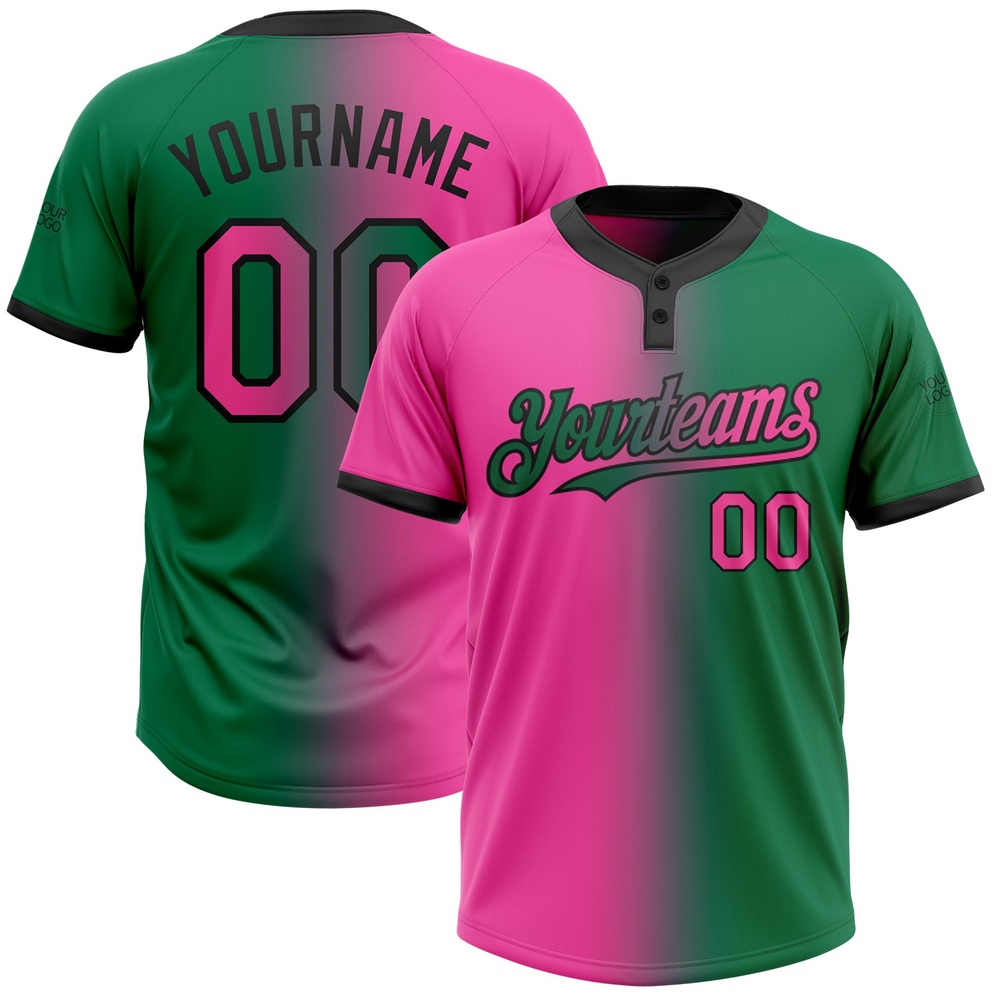 Kelly Green Pink Black Gradient Fashion Two Button Unisex Softball Jersey, Custom Team Softball Jersey