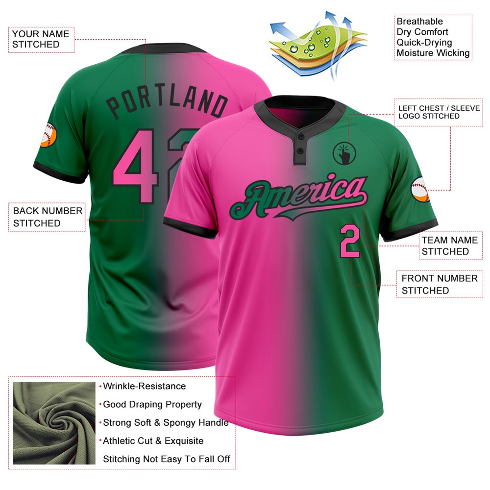 Kelly Green Pink Black Gradient Fashion Two Button Unisex Softball Jersey, Custom Team Softball Jersey