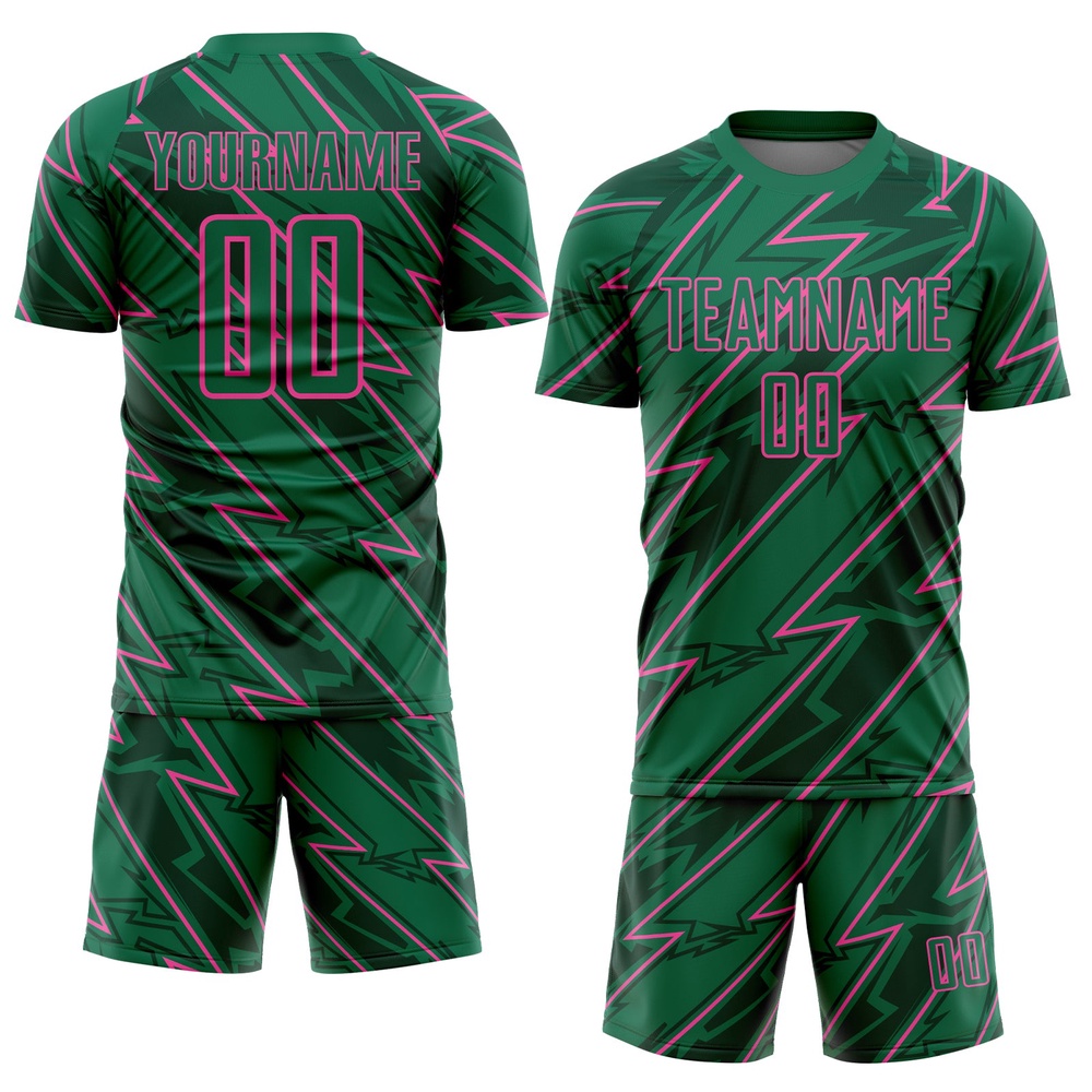 Kelly Green Pink Lightning Sublimation Soccer Uniform Jersey, Custom Team Soccer Jersey Shirt