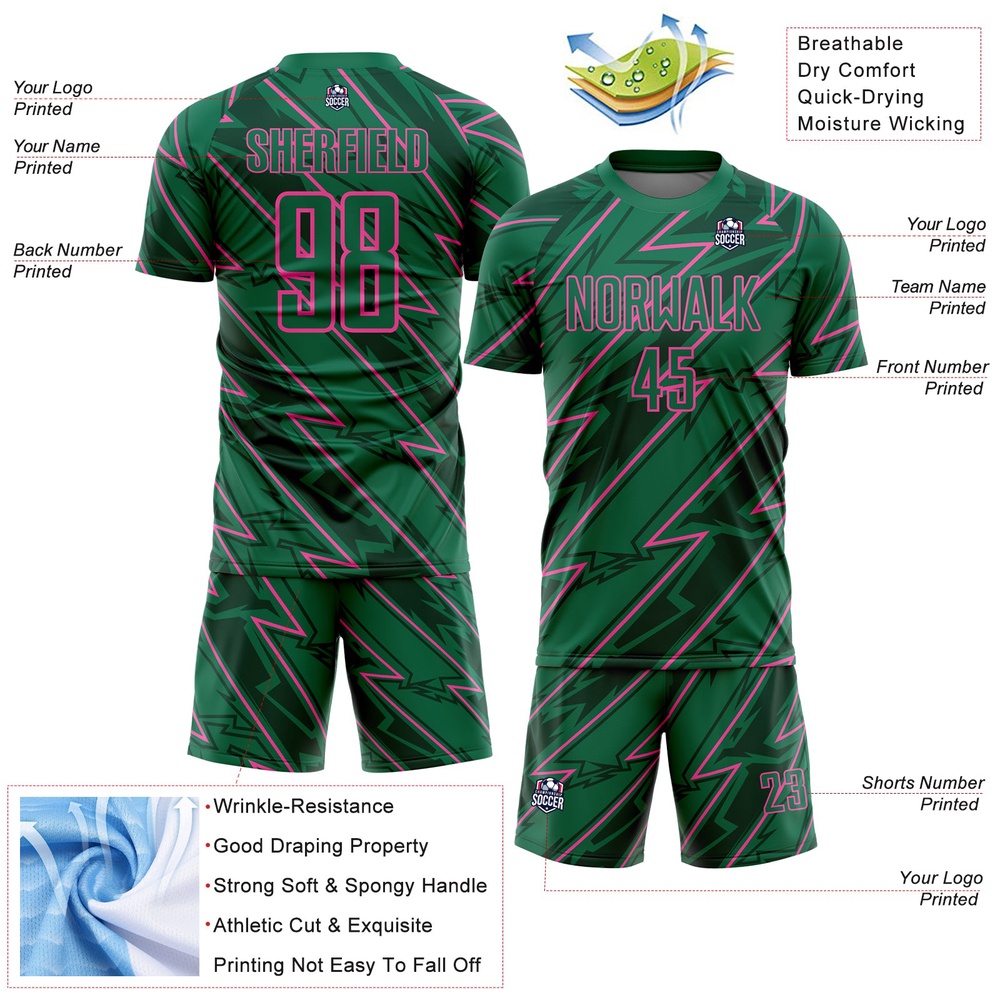 Kelly Green Pink Lightning Sublimation Soccer Uniform Jersey, Custom Team Soccer Jersey Shirt