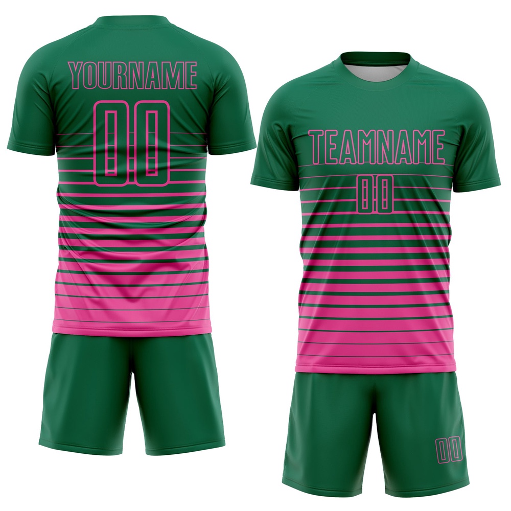 Kelly Green Pink Pinstripe Fade Fashion Sublimation Soccer Uniform Jersey, Custom Team Soccer Jersey Shirt