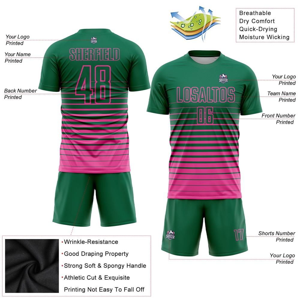 Kelly Green Pink Pinstripe Fade Fashion Sublimation Soccer Uniform Jersey, Custom Team Soccer Jersey Shirt