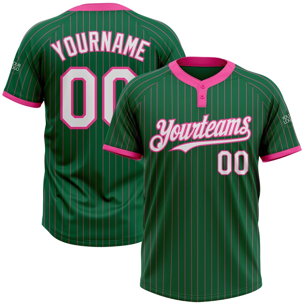 Kelly Green Pink Pinstripe White Two Button Unisex Softball Jersey, Custom Team Softball Jersey
