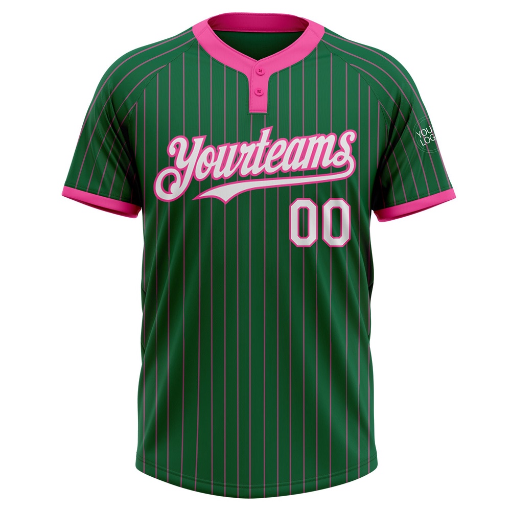 Kelly Green Pink Pinstripe White Two Button Unisex Softball Jersey, Custom Team Softball Jersey
