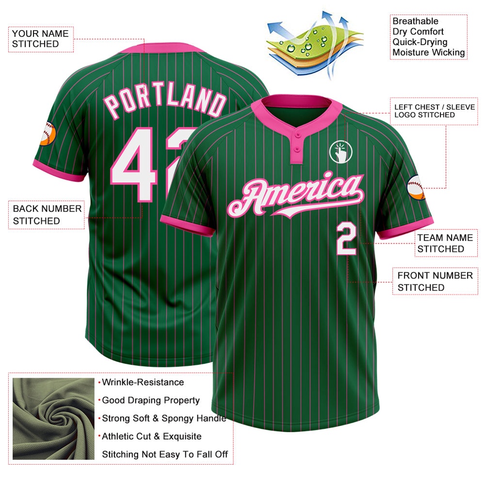 Kelly Green Pink Pinstripe White Two Button Unisex Softball Jersey, Custom Team Softball Jersey