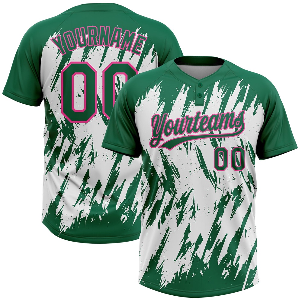 Kelly Green Pink White 3D Pattern Abstract Sharp Shape Two Button Unisex Softball Jersey, Custom Team Softball Jersey Kelly Green Pink White 3D Pattern Abstract Sharp Shape Two Button Unisex Softball Jersey, Custom Team Softball Jersey