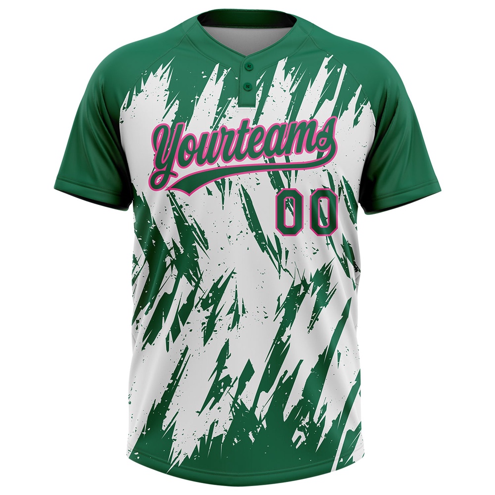 Kelly Green Pink White 3D Pattern Abstract Sharp Shape Two Button Unisex Softball Jersey, Custom Team Softball Jersey Kelly Green Pink White 3D Pattern Abstract Sharp Shape Two Button Unisex Softball Jersey, Custom Team Softball Jersey