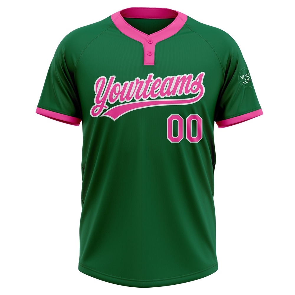 Kelly Green Pink White Two Button Unisex Softball Jersey, Custom Team Softball Jersey
