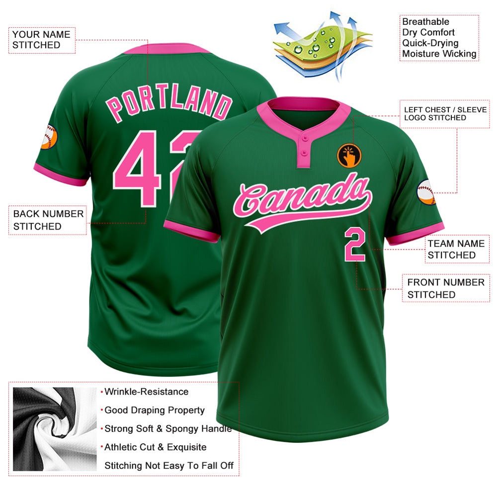 Kelly Green Pink White Two Button Unisex Softball Jersey, Custom Team Softball Jersey