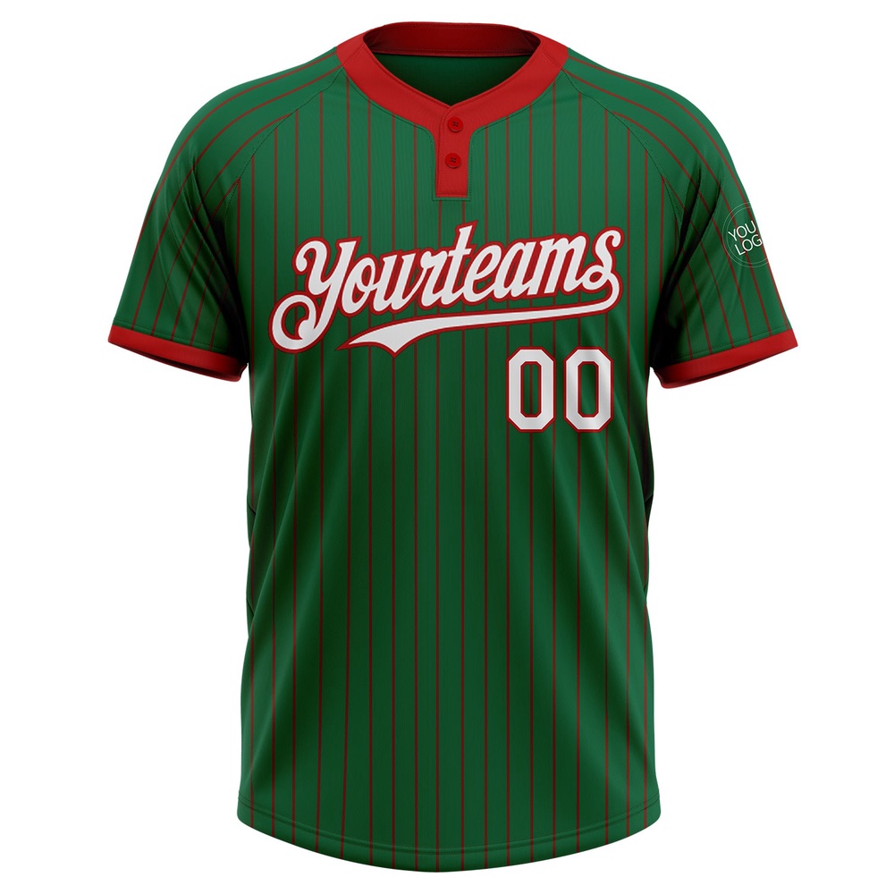 Kelly Green Red Pinstripe White Two Button Unisex Softball Jersey, Custom Team Softball Jersey Kelly Green Red Pinstripe White Two Button Unisex Softball Jersey, Custom Team Softball Jersey