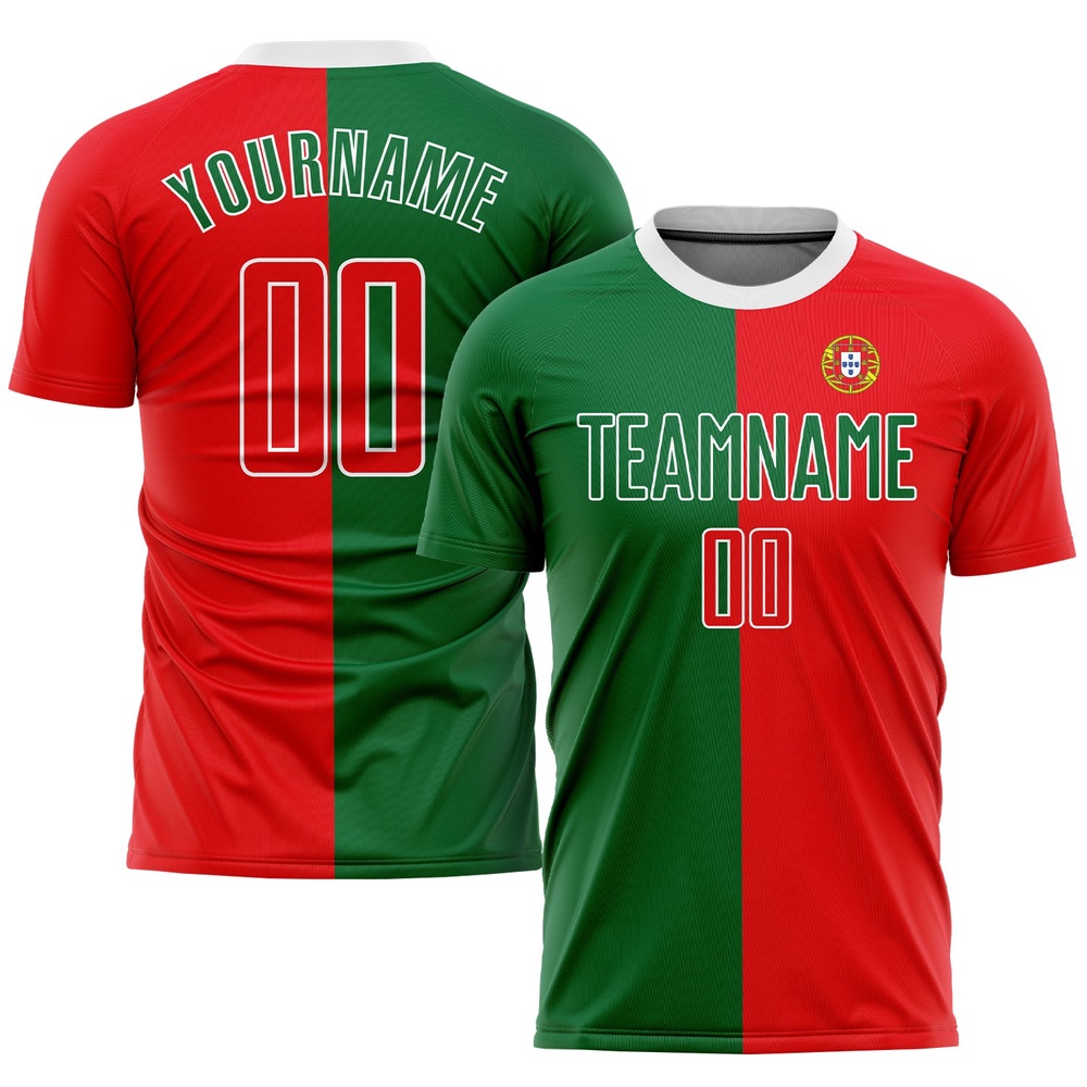 Kelly Green Red White Sublimation Portuguese Flag Soccer Uniform Jersey, Custom Team Soccer Jersey Shirt