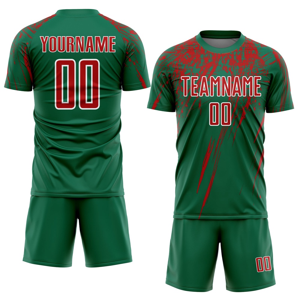 Kelly Green Red White Sublimation Soccer Uniform Jersey, Custom Team Soccer Jersey Shirt