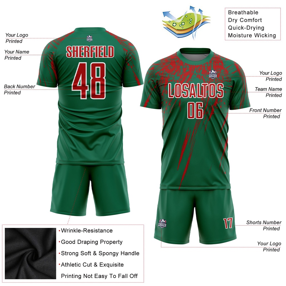 Kelly Green Red White Sublimation Soccer Uniform Jersey, Custom Team Soccer Jersey Shirt