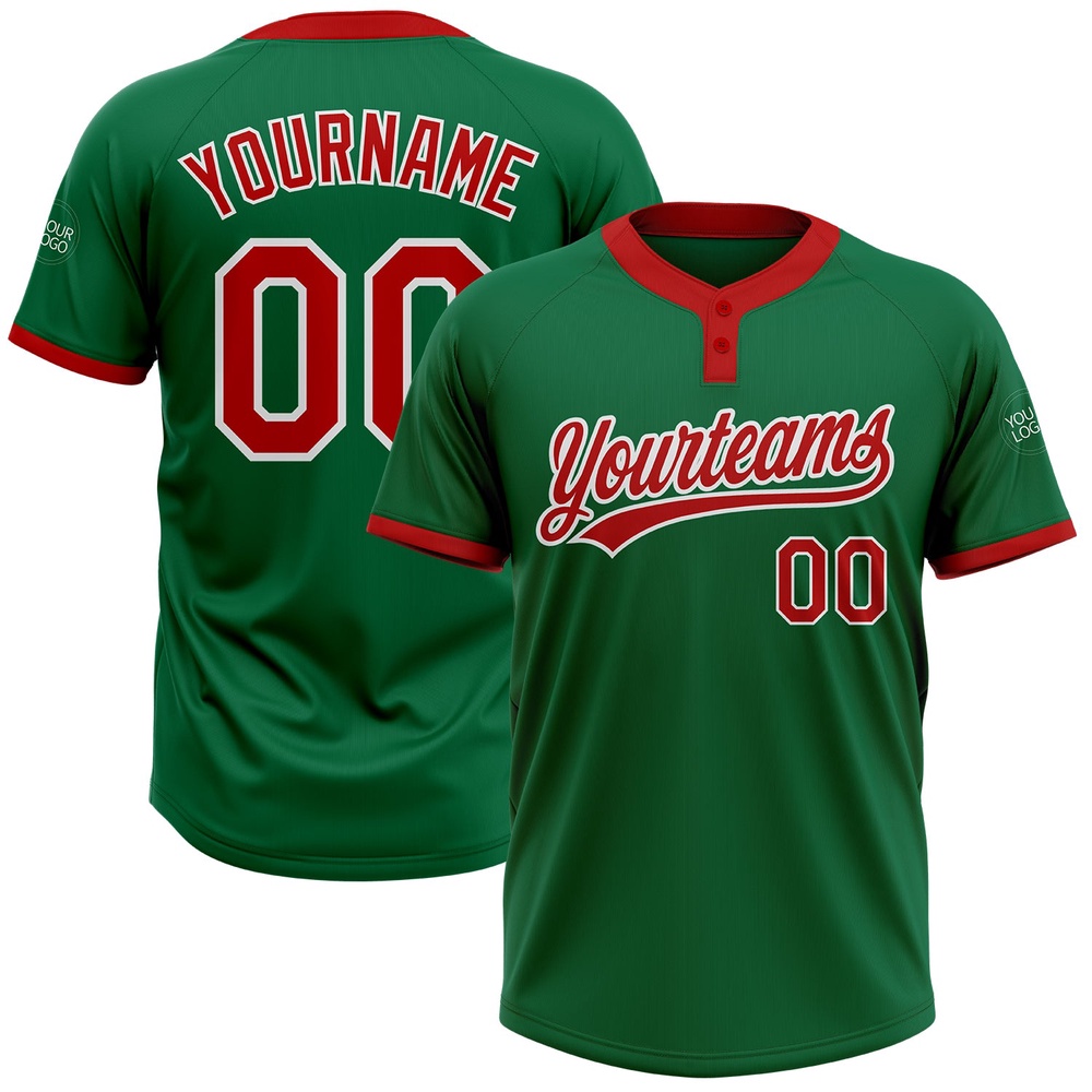 Kelly Green Red White Two Button Unisex Softball Jersey, Custom Team Softball Jersey Kelly Green Red White Two Button Unisex Softball Jersey, Custom Team Softball Jersey