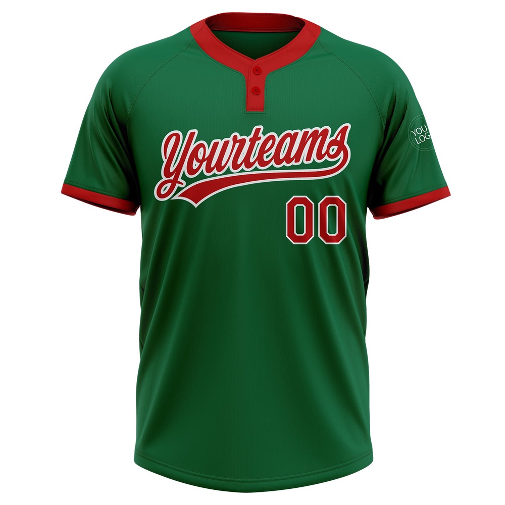 Kelly Green Red White Two Button Unisex Softball Jersey, Custom Team Softball Jersey Kelly Green Red White Two Button Unisex Softball Jersey, Custom Team Softball Jersey
