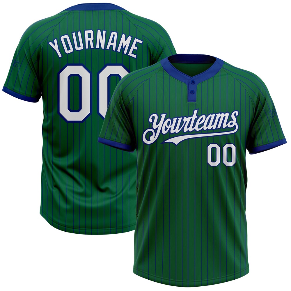 Kelly Green Royal Pinstripe White Two Button Unisex Softball Jersey, Custom Team Softball Jersey Kelly Green Royal Pinstripe White Two Button Unisex Softball Jersey, Custom Team Softball Jersey